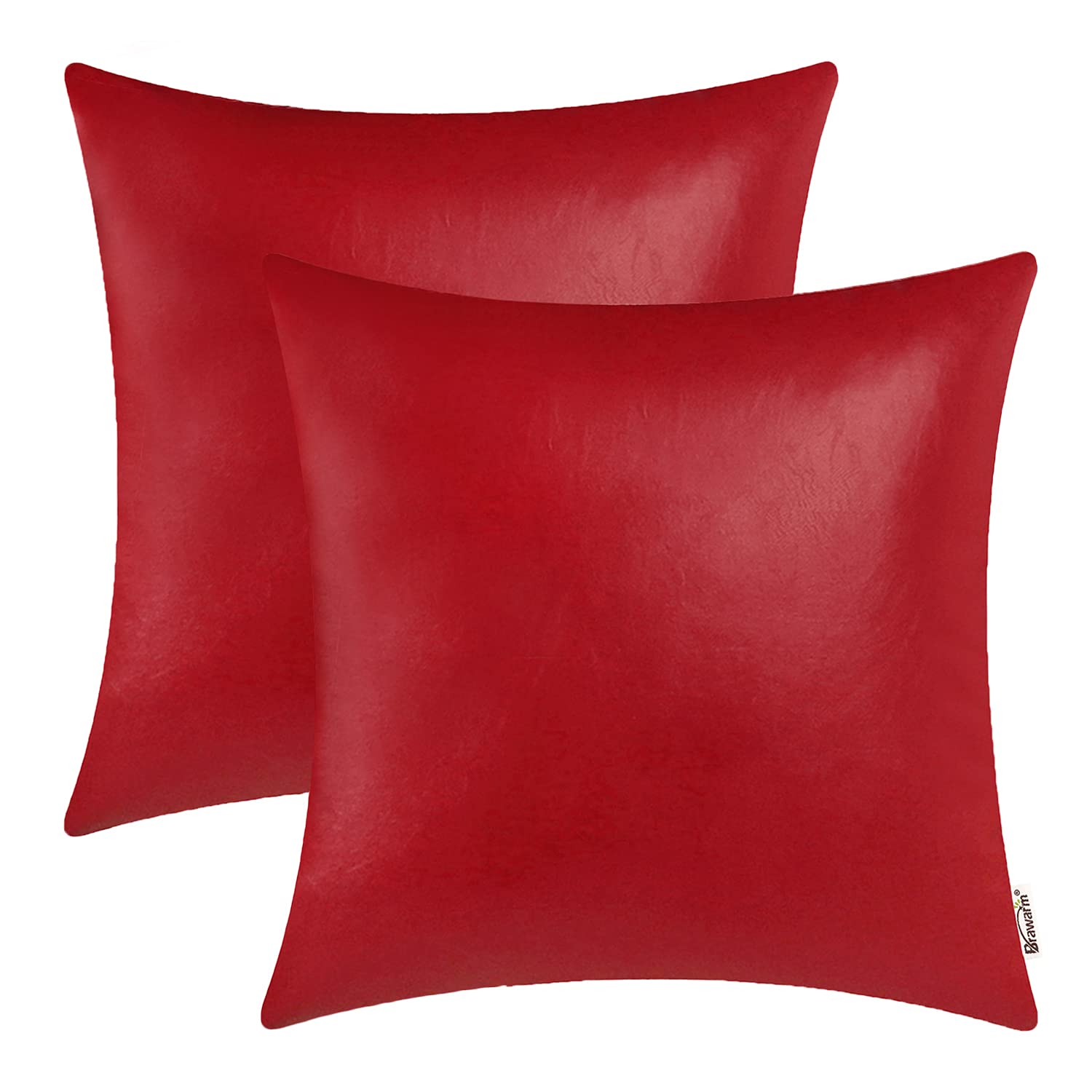 Brawarm Faux Leather Throw Pillow Covers 16 X 16 Inches - Christmas Red Leather Pilow Covers Pack Of 2, Solid Dyed Leather Pillo